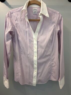 Brooks Brothers Lavender and White Striped Cotton Shirt with White Trim